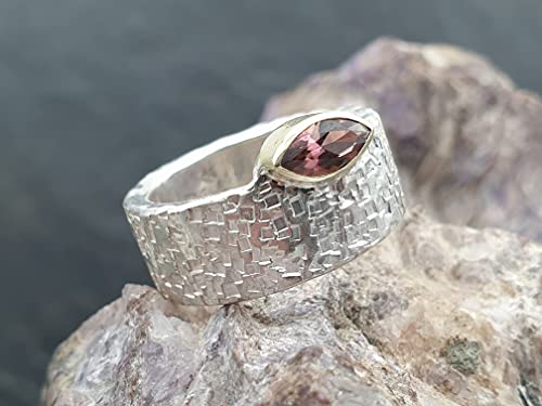 LeoLars-PABE Rosa Turmalin Ring, Gr.54, aus 925er Silber mit 585er Goldfassung, Structure Design, Unikat, Handarbeit