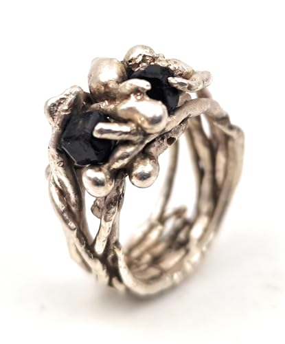 LeoLars-PABE Algen Design Ring, Gr.63 (20,2), aus 925er Silber mit zwei fast schwarzen Spinellen, eingewachcsen, organisch, natürlich, Unikat, Handarbeit