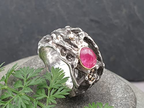 LeoLars-PABE Organic Design Rubin Ring, Gr.53-54, mit Brilliant aus 925er Silber mit Goldakzenten und Fassung, Unikat, Handarbeit