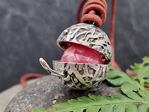 LeoLars-PABE Medaillon Kugel Planet aus 925er Silber mit Rhodochrosit Kugel in innern, Unikat, Handarbeit