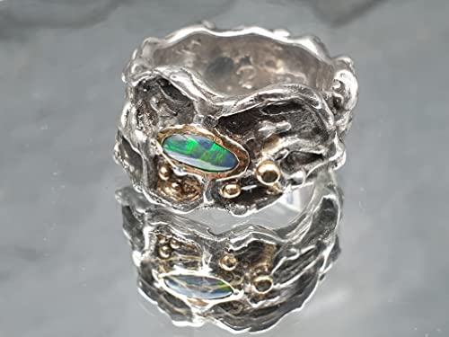 LeoLars-PABE Organic Design Schwarzer Opal Ring, Gr.49, aus 925er Silber mit Goldakzenten, Unikat, Handarbeit