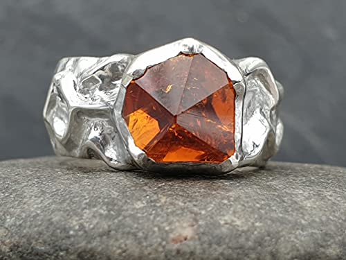 LeoLars-PABE Citrin Design Ring aus 925er Silber, Gr.58, Sonderschliff, Organisch, Hammerschlag, Unikat, Handarbeit