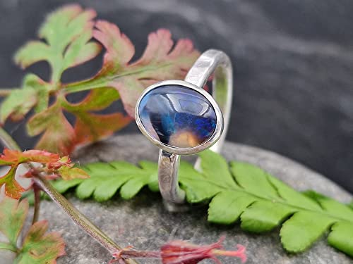 LeoLars-PABE Schwarzer Semi Chrystal Opal Ring, Gr.55 (17.5), aus 925er Silber, blau-grün, gehämmert, Unikat, Handarbeit
