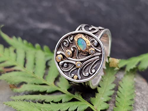 LeoLars-PABE Lightning Ridge Opal Design Filigree Ring, Gr.57 (18.2), aus 925er Silber mit vier Diamantan in Feingold Fassungen, geschwärzt, Unikat, Handarbeit