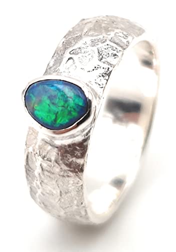 LeoLars-PABE Schwarzer GEM Opal Design Ring, Gr.57-58, aus 925er Silber, Green Flash, Structure Design, Unikat, Handarbeit