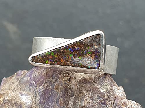 LeoLars-PABE Boulder Opal Ring aus 925er Silber, Gr.52, Massiv, Seidenmatt, Opal 14.5x8mm, Unikat, Handarbeit