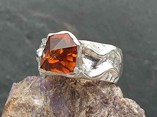 LeoLars-PABE Citrin Design Ring aus 925er Silber, Gr.60, Sonderschliff, Organisch, Hammerschlag, Unikat, Handarbeit