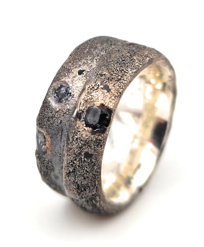 LeoLars-PABE Grober teilgeschwärzter Sandguss Design Ring, Gr.62 (19,7), aus 925er Silber mit eingegossenen grauen Saphir Kristallen, Unikat, Handarbeit