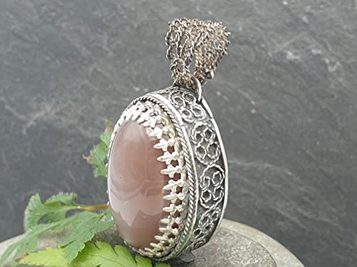 LeoLars-PABE Großer indischer Mondstein Filigree Anhänger aus 925er Silber, dark-rose, massiv, groß, teilgeschwärzt, Unikat, Handarbeit