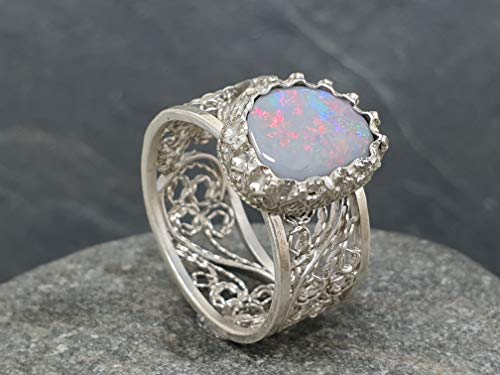 LeoLars-PABE Lightning Ridge Opal Filigree Ring aus 925er Silber, Gr.56, Filigran, Verspielt, Unikat, Handarbeit
