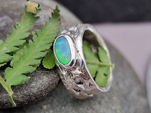 LeoLars-PABE Lightning Ridge Opal Design Ring, Gr.57 (18.2), aus 925er Silber, Oberfläche Spitzen Stoff, Multicolor, Unikat, Handarbeit