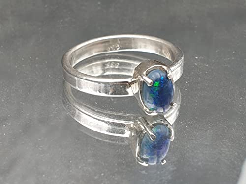 LeoLars-PABE Schwarzer Opal Ring, Gr.54, aus 925er Silber, Krappenfassung, grün-blau, Unikat, Handarbeit