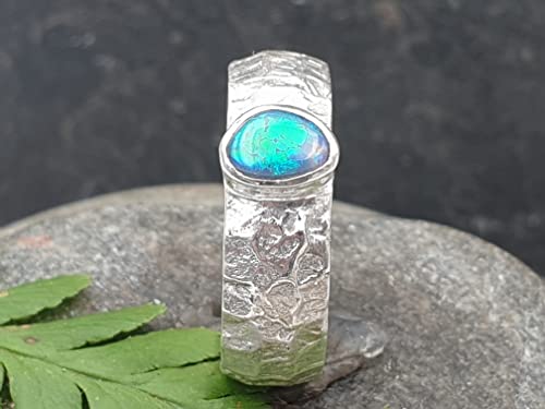 LeoLars-PABE Schwarzer GEM Opal Design Ring, Gr.57-58, aus 925er Silber, Green Flash, Structure Design, Unikat, Handarbeit