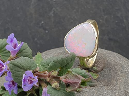 LeoLars-PABE Weißer Opal Ring, Gr58 (18,5) aus 585er Gold, Lightning Ridge, Multicolor, 4,54ct., gehämmert, Unikat, Handarbeit