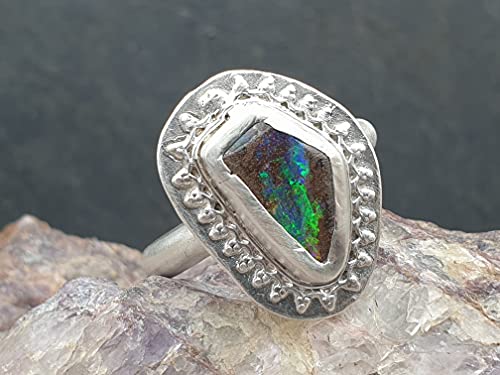 LeoLars-PABE Boulder Opal Design Ring aus 925er Silber, Gr. 56, Rahmen um die Fassung, Unikat, Handarbeit