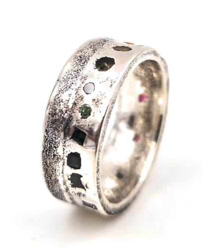 LeoLars-PABE Bunter Design Sandguss Ring, Gr. 59 (18,7), aus 925er Silber mit bunten echten eingegossenen Edelsteinen, glänzend, Unikat, Handarbeit