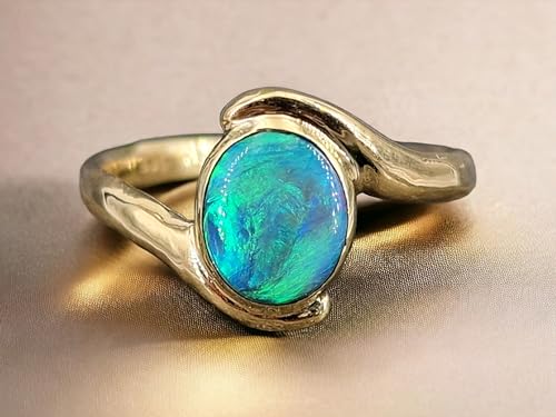 LeoLars-PABE Lightning Ridge Opal Design Ring, Gr. 65 (20,5), aus 585er Gelbgold, Opal brilliantes grünes Opalfeuer, Semi Chrystal, 9,3 x 7,5mm, Unikat, Handarbeit