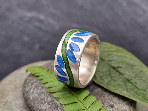 LeoLars-PABE Emaille Ring, Gr.61 (19.5), aus 925er Silber, grün-blau floral-blumig stilisiertes Muster, umlaufend, Unikat, Handarbeit