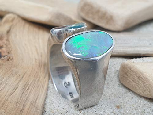 LeoLars-PABE Lightning Ridge Opal Ring oben offen mit Emaille aus 925er Silber, Gr.59, Unikat, Handarbeit