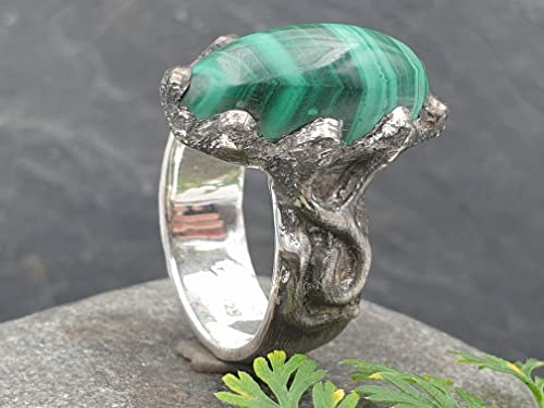 LeoLars-PABE Malachit Design Ring aus 925er Silber, Gr.58, grob gearbeitet, gebürstet, teilgeschwärzt, Unikat, Handarbeit