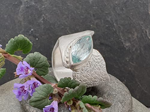 LeoLars-PABE Aquamarin Design Ring, Gr.58 (18.5), aus 925er Silber, Navette, Ring massiv, teil Strukturiert, Unikat, Handarbeit