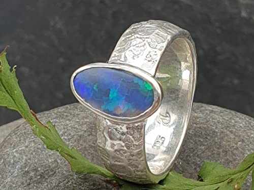 LeoLars-PABE Lightning Ridge Opal Design Ring, Gr.58, 925er Silber, Grün-Blaues Honeycomb Pattern Feuer, Unikat, Handarbeit