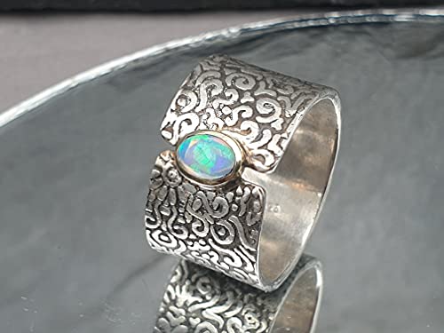 LeoLars-PABE Lightning Ridge Opal Design Ring, Gr.59 aus 925er Silber mit 585er Goldfassung, Unikat, Handarbeit