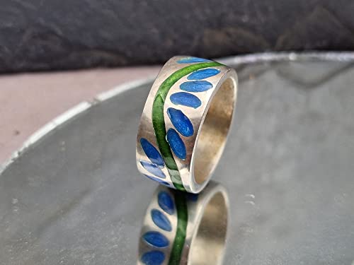 LeoLars-PABE Emaille Ring, Gr.61 (19.5), aus 925er Silber, grün-blau floral-blumig stilisiertes Muster, umlaufend, Unikat, Handarbeit