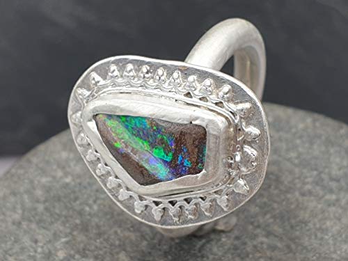 LeoLars-PABE Boulder Opal Design Ring aus 925er Silber, Gr. 56, Rahmen um die Fassung, Unikat, Handarbeit