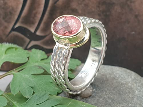 LeoLars-PABE Rosa Turmalin Design Ring, Gr.58 (18,7), aus 925er Silber mit 585er Gold Fassung, Bicolor Ring, Unikat, Handarbeit