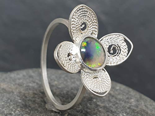 LeoLars-PABE Lightning Ridge Opal Filigree Ring aus 925er Silber, Gr.56, Blüte Filigran, Unikat, Handarbeit
