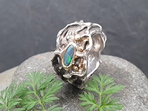 LeoLars-PABE Organic Design Schwarzer Opal Ring, Gr.49, aus 925er Silber mit Goldakzenten, Unikat, Handarbeit