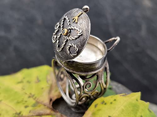 LeoLars-PABE Filigree Ring mit Geheimfach aus 925er Silber, Gr.60 (19), mit Chromdiopsid in Feingoldfassung und Feingold Rune, teilgeschwärzt, Runen, Unikat, Handarbeit