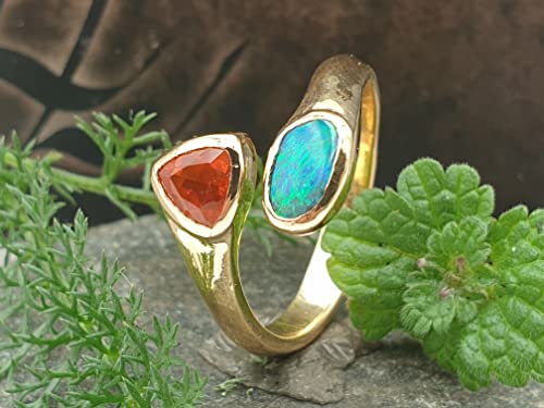 LeoLars-PABE Edler Boulder Opal und Feueropal Design Ring, Gr. 58, aus 750er Gelbgold, Fire and Water, Unikat, Handarbeit