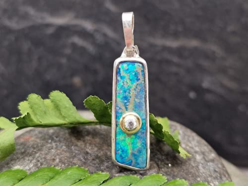 LeoLars-PABE Lightning Ridge Opal Design Anhänger aus 925er Silber mit Diamant in 585er Gold Fassung, Unikat, Handarbeit