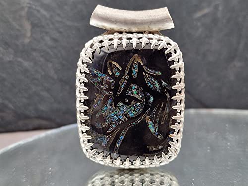 LeoLars-PABE Einhorn Anhänger aus 925er Silber, Obsidian mit Opalsplittern, Carving, Galerie Fassung, Filigree, Unikat, Handarbeit