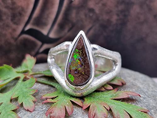 LeoLars-PABE Boulder Opal Design Ring, Gr.55 (17.5), aus 925er Silber, teil-eismattiert, Tropfen, Unikat, Handarbeit