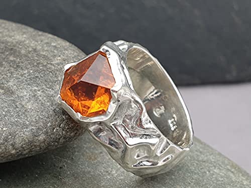 LeoLars-PABE Citrin Design Ring aus 925er Silber, Gr.58, Sonderschliff, Organisch, Hammerschlag, Unikat, Handarbeit