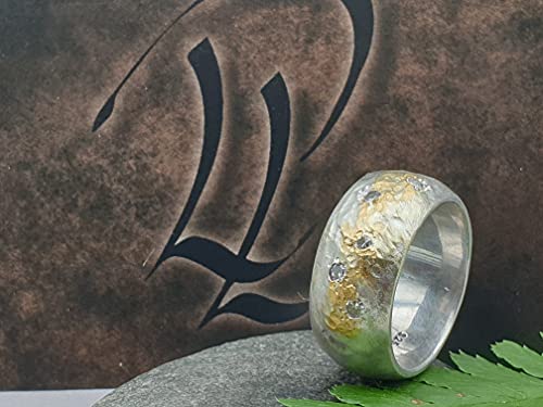 LeoLars-PABE Design Ring aus 925er Silber mit Feingoldeinlage und 5 Diamanten, Gr.55, Structure Design, Unikat, Handarbeit