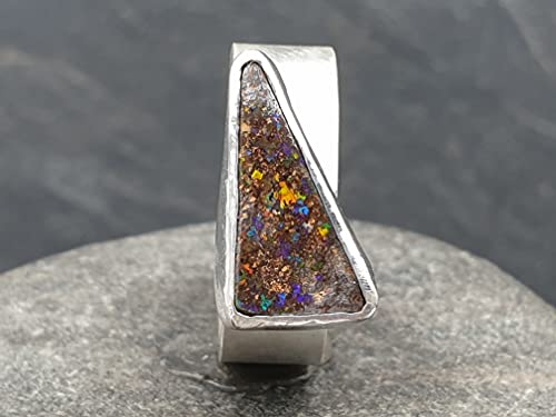 LeoLars-PABE Boulder Opal Ring aus 925er Silber, Gr.52, Massiv, Seidenmatt, Opal 14.5x8mm, Unikat, Handarbeit