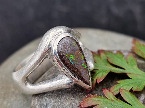 LeoLars-PABE Boulder Opal Design Ring, Gr.55 (17.5), aus 925er Silber, teil-eismattiert, Tropfen, Unikat, Handarbeit