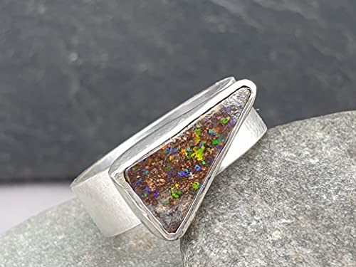 LeoLars-PABE Boulder Opal Ring aus 925er Silber, Gr.52, Massiv, Seidenmatt, Opal 14.5x8mm, Unikat, Handarbeit