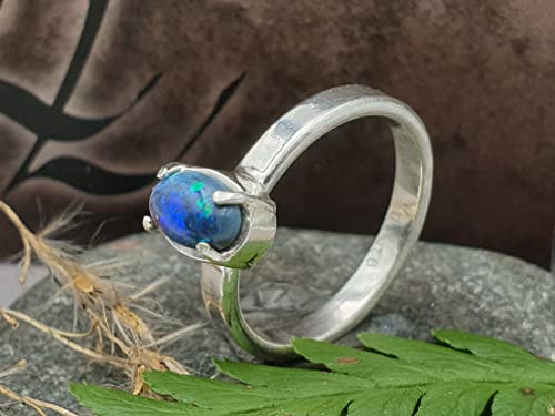 LeoLars-PABE Schwarzer Opal Ring, Gr.54, aus 925er Silber, Krappenfassung, grün-blau, Unikat, Handarbeit