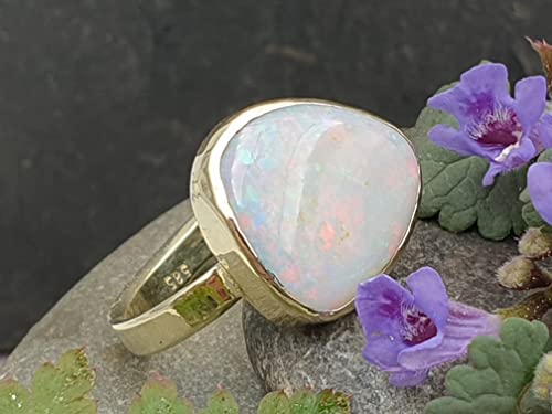 LeoLars-PABE Weißer Opal Ring, Gr58 (18,5) aus 585er Gold, Lightning Ridge, Multicolor, 4,54ct., gehämmert, Unikat, Handarbeit