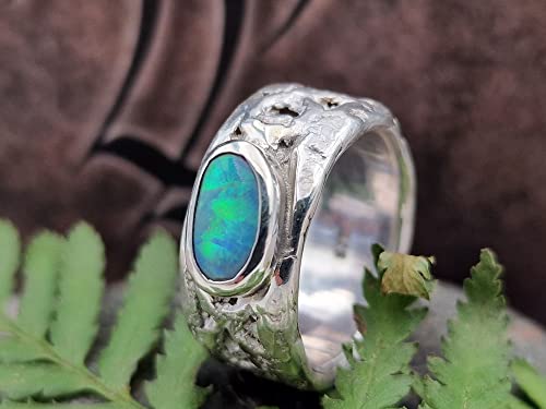 LeoLars-PABE Lightning Ridge Opal Design Ring, Gr.57 (18.2), aus 925er Silber, Oberfläche Spitzen Stoff, Multicolor, Unikat, Handarbeit