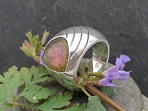 LeoLars-PABE Wassermelonen Turmalin Design Ring, Gr.58 (18.5), aus 925er Silber, Streifen, massiv, teilgeschwärzt, Unikat, Handarbeit