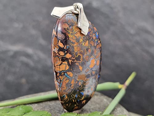 LeoLars-PABE Boulder Opal Anhänger mit Frontbohrung und Schlaufe aus 925er Silber, Matrix Opal, grüne Opaladern, Opal 35.7 x 21.4 x 6mm, Unikat, Handgeschliffen