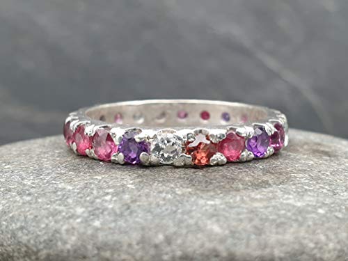 LeoLars-PABE Bandring, Memory Ring mit verschiedenen Edelsteinen aus 925er Silber, Gr.60, Unikat, Handarbeit