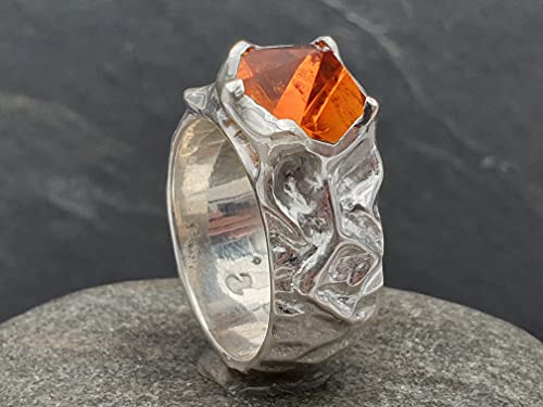 LeoLars-PABE Citrin Design Ring aus 925er Silber, Gr.58, Sonderschliff, Organisch, Hammerschlag, Unikat, Handarbeit