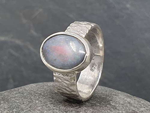 LeoLars-PABE Lightning Ridge Opal Ring aus 925er Silber, Gr.58, Struktur Ringschiene, Unikat, Handarbeit